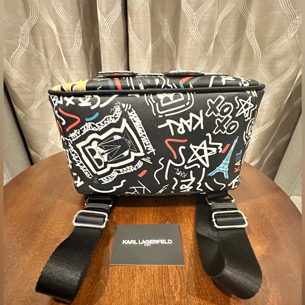 Karl Lagerfeld Paris Adele All Over Logo Full Size Backpack Black - NWOT - Picture 6 of 14